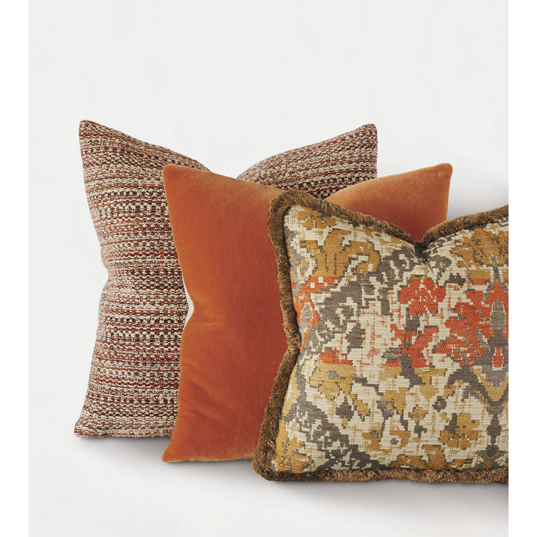 Camel Jacquard Damask Square Pillow with Fringe Trim