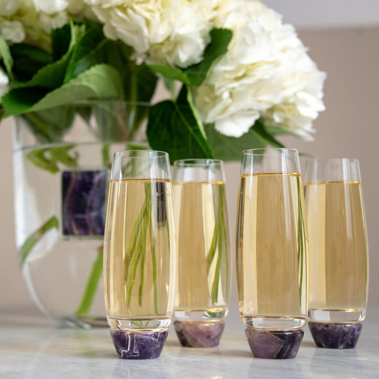 Clear and Amethyst Crystal Champagne Glass Set with Gemstone Base