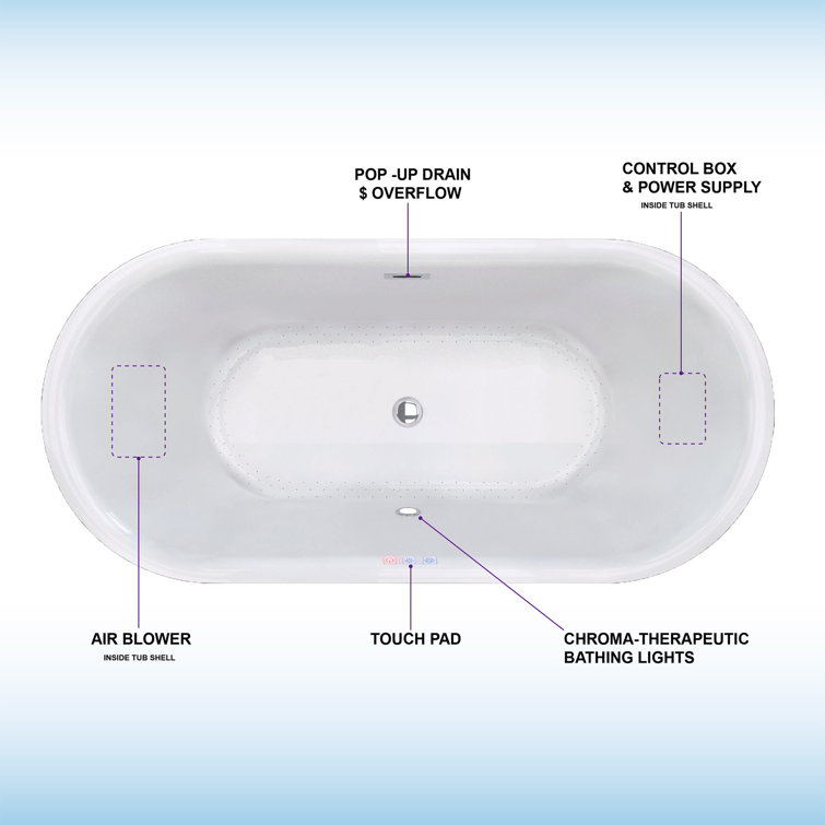 67'' White Acrylic Freestanding Air Soaking Bathtub with 208 Jets
