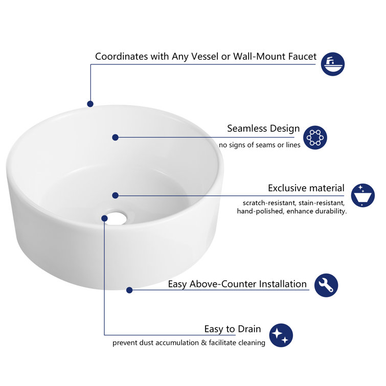 Symmetry 16" Round White Ceramic Above-Counter Vessel Sink