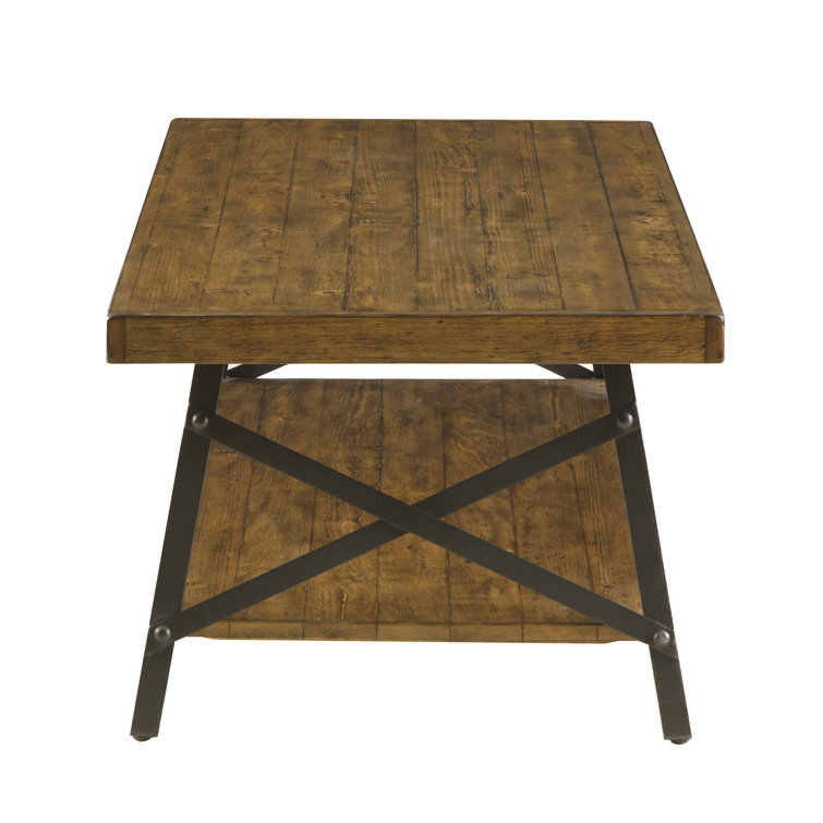 Chandler Pine Brown Solid Wood & Steel Coffee Table with Shelf