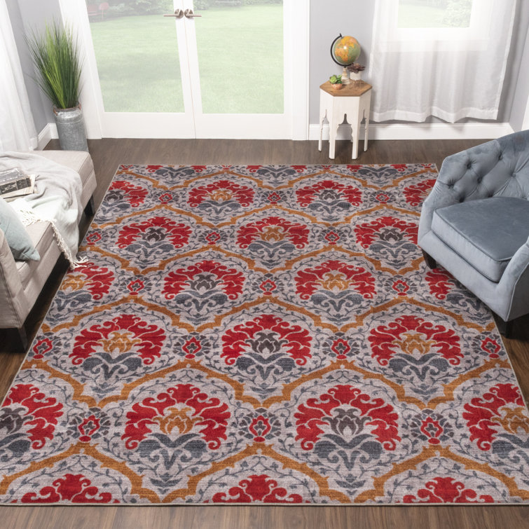 Gray and Red Floral Damask Non-Slip Washable Area Rug 4' x 6'