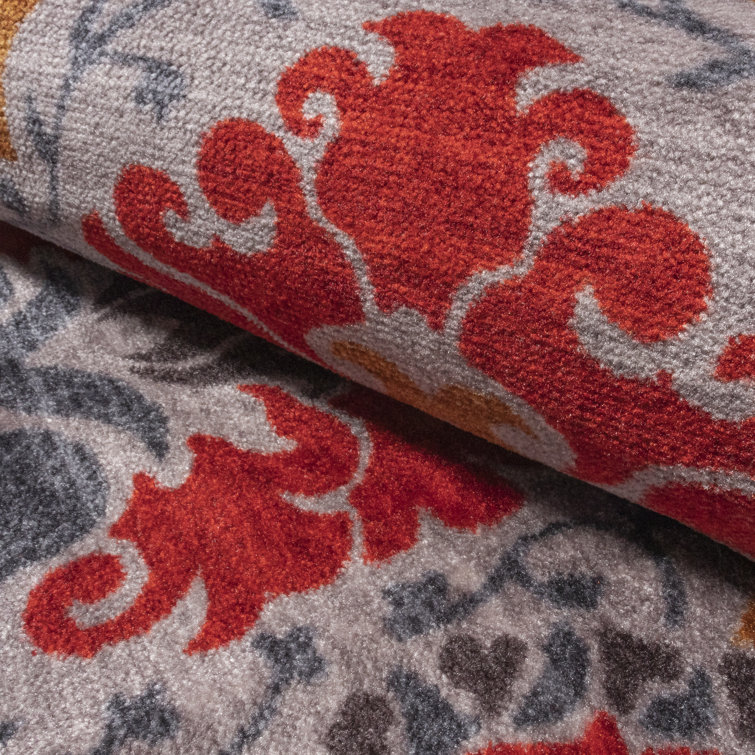 Gray and Red Floral Damask Non-Slip Washable Area Rug 4' x 6'