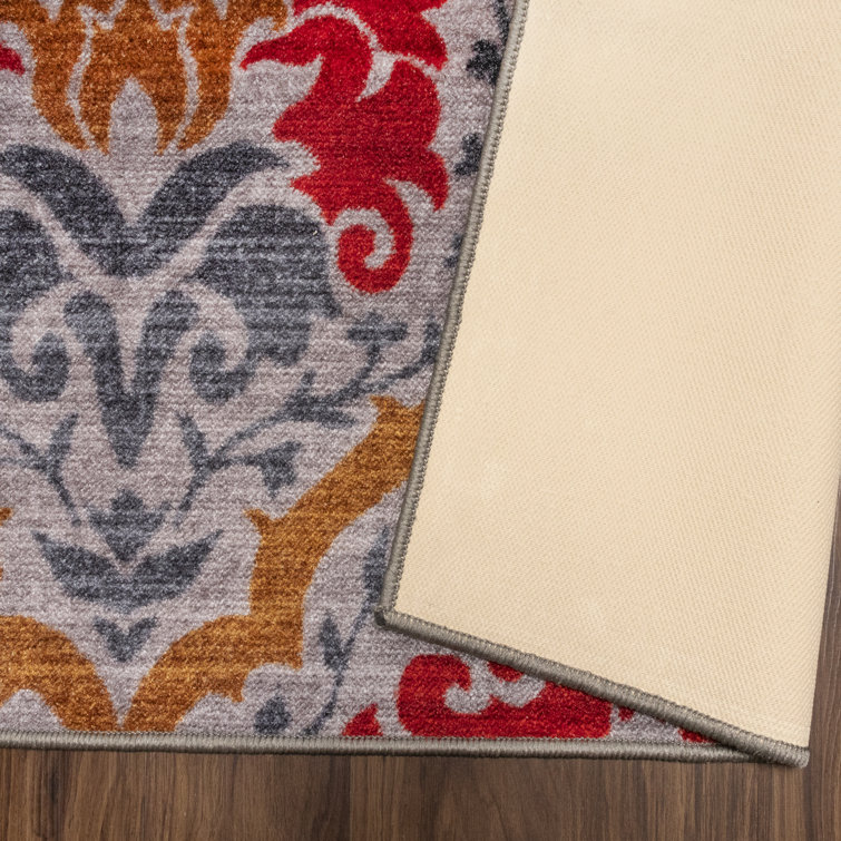 Gray and Red Floral Damask Non-Slip Washable Area Rug 4' x 6'
