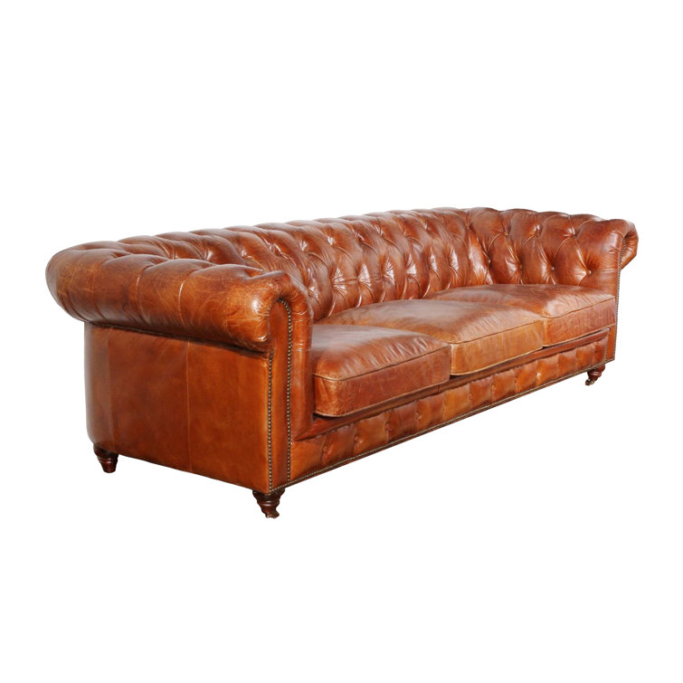 Brown Genuine Leather Tufted Chesterfield Sofa with Rolled Arms
