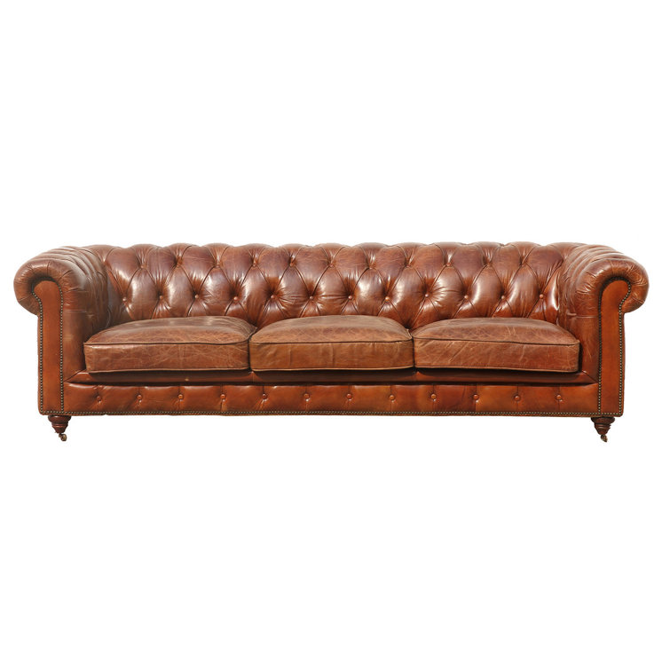 Brown Genuine Leather Tufted Chesterfield Sofa with Rolled Arms