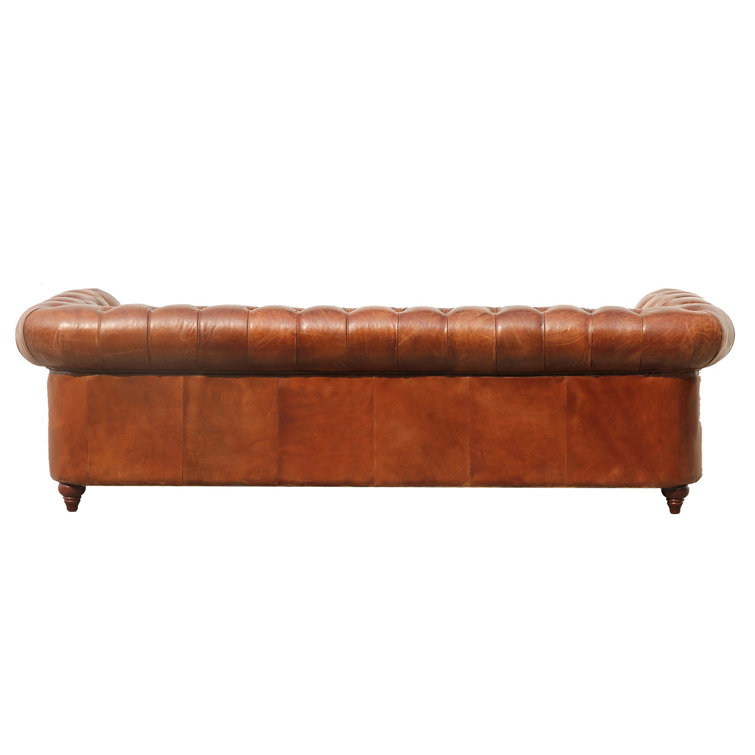 Brown Genuine Leather Tufted Chesterfield Sofa with Rolled Arms