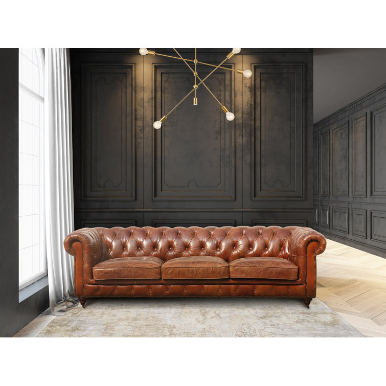 Brown Genuine Leather Tufted Chesterfield Sofa with Rolled Arms