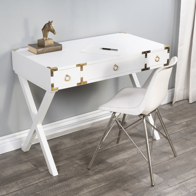 Aerilyn Glossy White Wood Writing Desk with Gold Accents