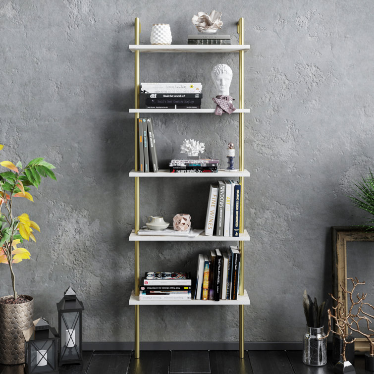 68.5" White Marble and Gold Adjustable Ladder Bookcase