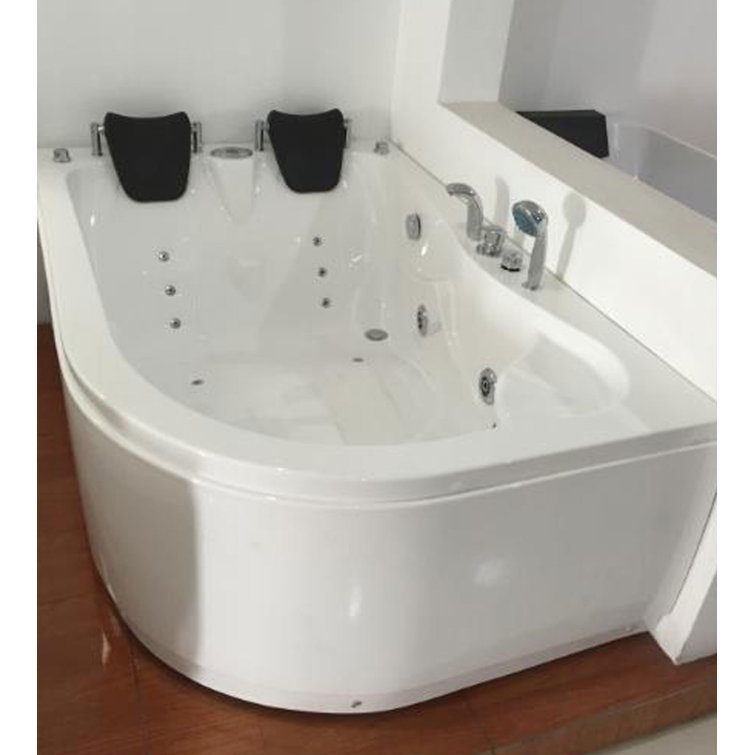 White Acrylic Corner Whirlpool Bathtub with Jets and Faucet