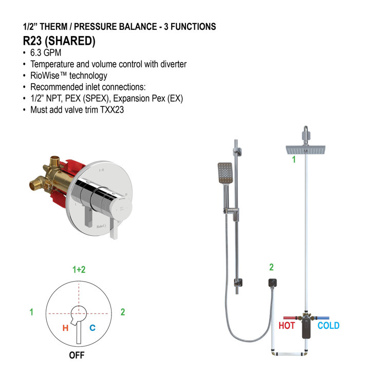Gold Brass 1/2" Thermostatic Rough-In Valve with 3 Functions