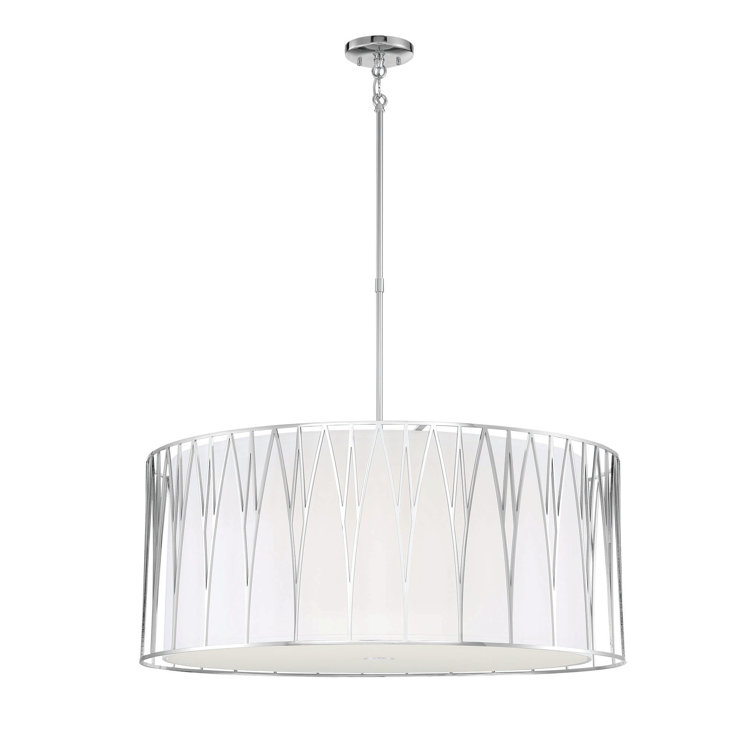 Polished Nickel 6-Light LED Drum Pendant with White Fabric Shade