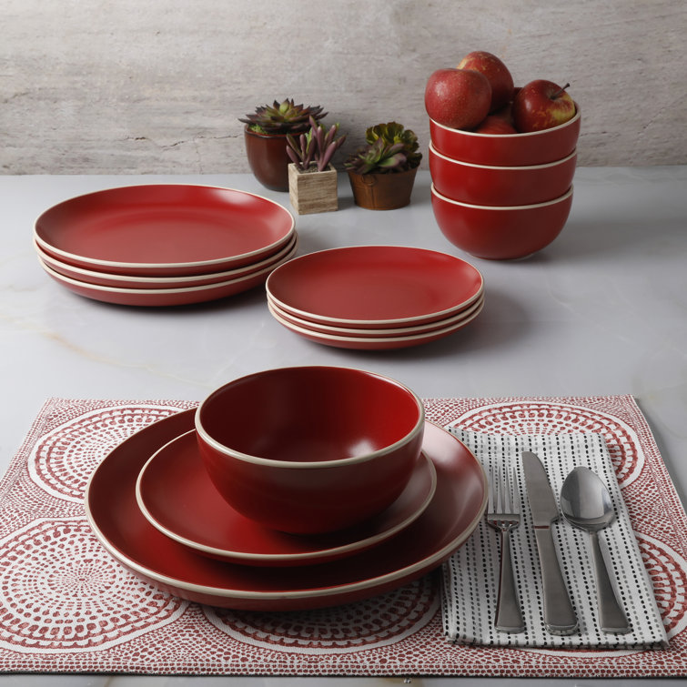 Red Matte Ceramic 12-Piece Dinnerware Set for Four