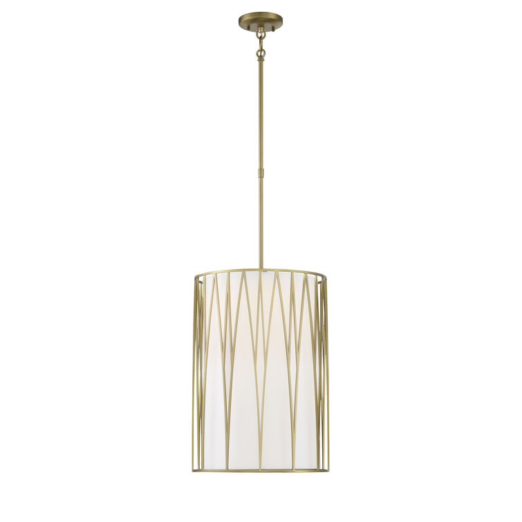 Soft Brass LED Drum Pendant with White Fabric Shade