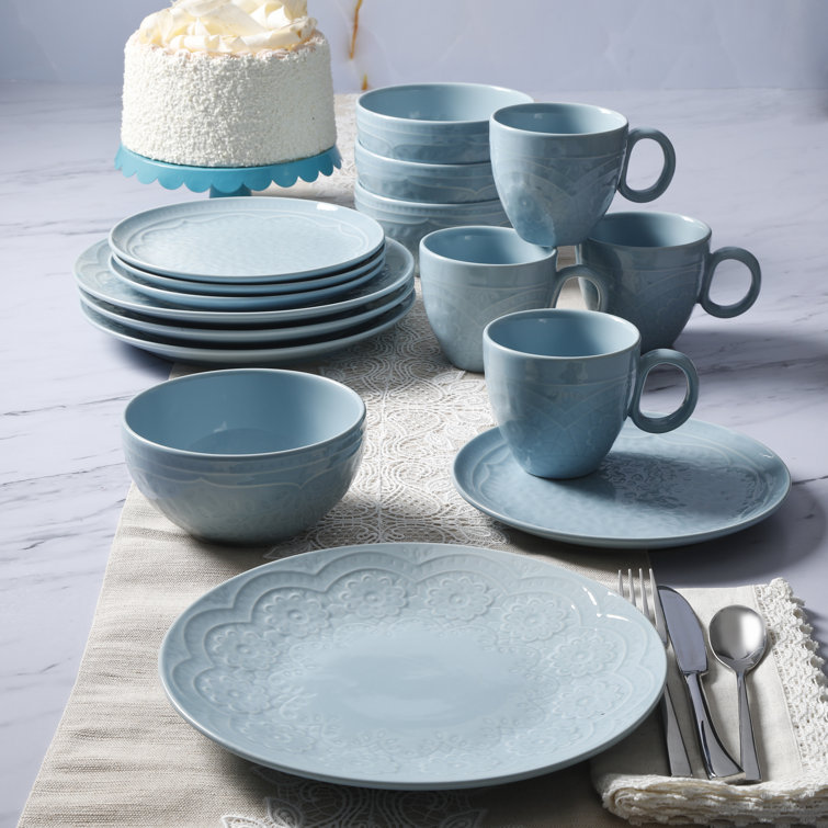 Aqua Floral Porcelain 16-Piece Dinnerware Set for 4