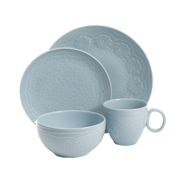 Aqua Floral Porcelain 16-Piece Dinnerware Set for 4