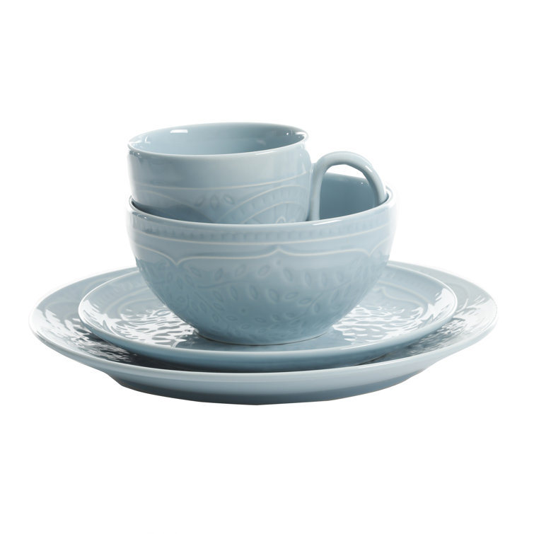 Aqua Floral Porcelain 16-Piece Dinnerware Set for 4