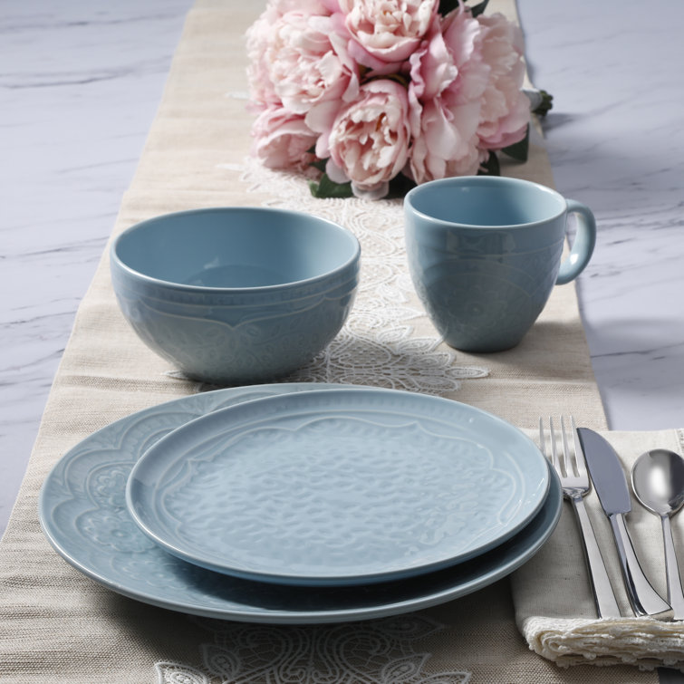 Aqua Floral Porcelain 16-Piece Dinnerware Set for 4