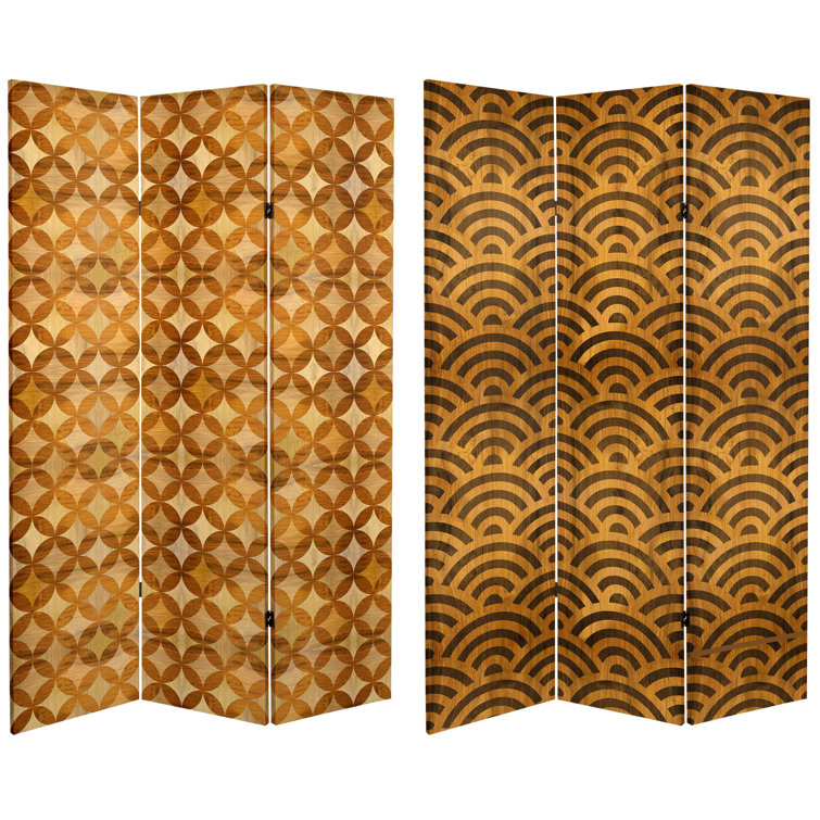 Japanese Kumiko Wave 6-Ft Wood Canvas Folding Room Divider