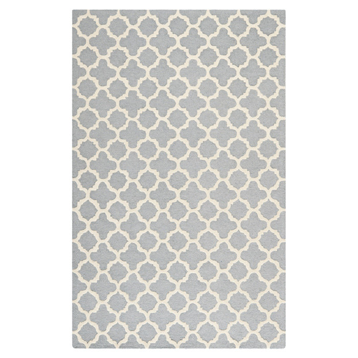 Hand-Tufted Silver and Ivory Wool Geometric Rug, 6' Square