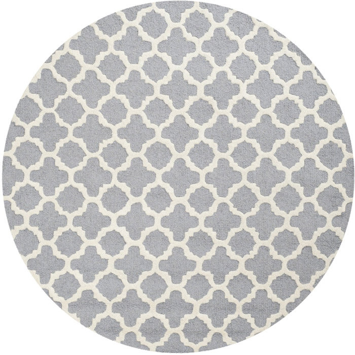 Hand-Tufted Silver and Ivory Wool Geometric Rug, 6' Square