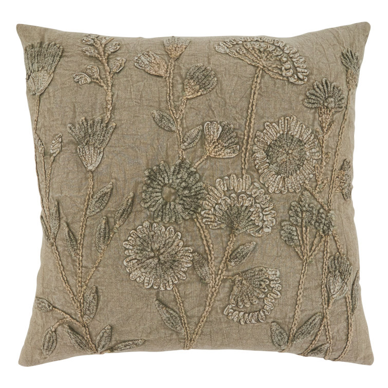 Taupe Floral Appliqued Cotton Square Pillow Cover