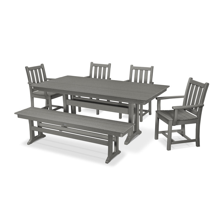 Slate Gray 6-Piece Farmhouse Dining Set with Bench and Arm Chairs