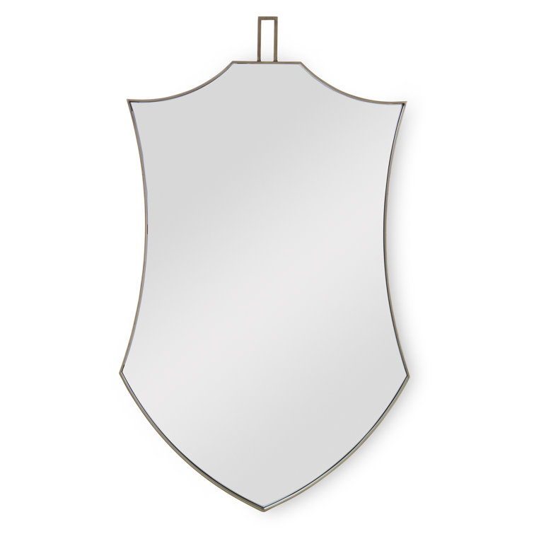 Shield-Shaped Antiqued Brass and Wood Wall Mirror