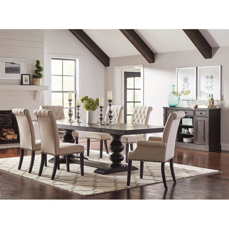High-Back Beige Linen Upholstered Side Chair with Tufted Detail