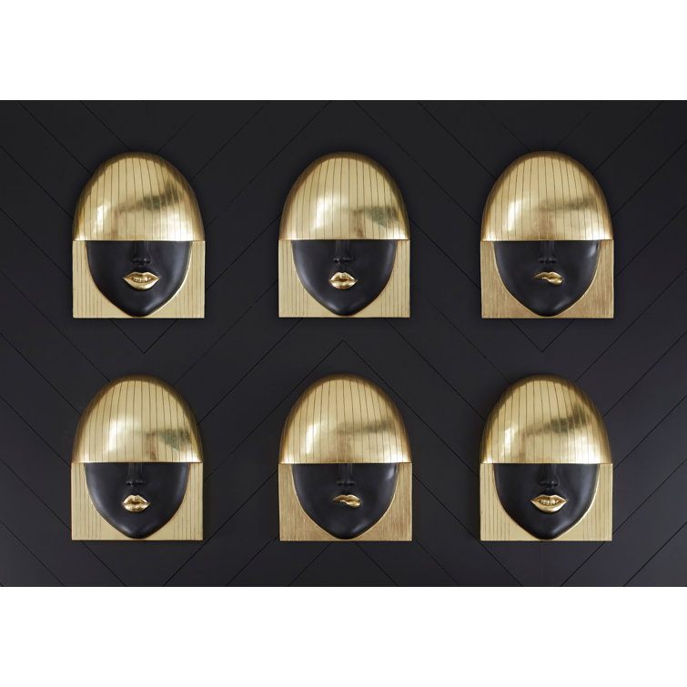 Large Black and Gold Leaf Fashion Faces Wall Sculpture