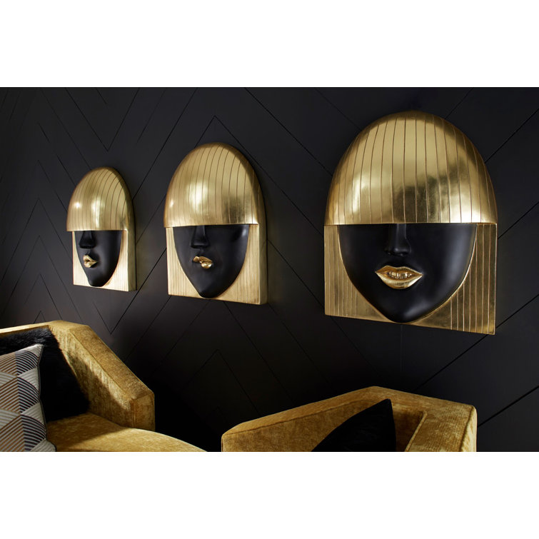 Large Black and Gold Leaf Fashion Faces Wall Sculpture