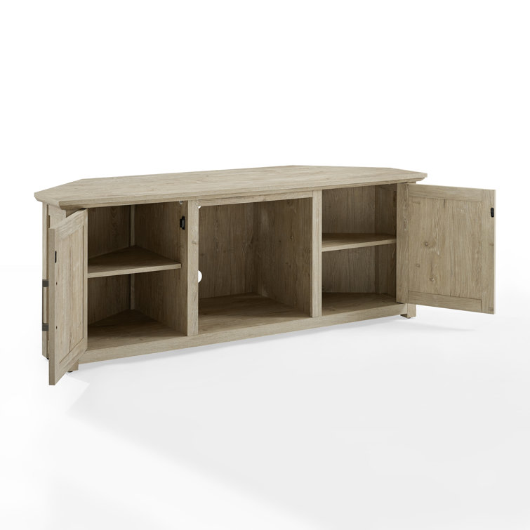 Frosted Oak Corner TV Stand with Cabinets and Brass Hardware