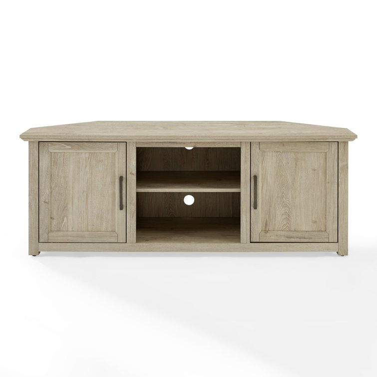 Frosted Oak Corner TV Stand with Cabinets and Brass Hardware
