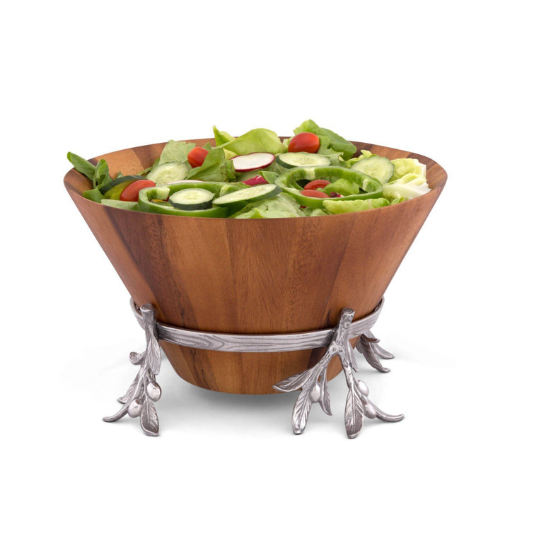 Acacia Wood Salad Bowl with Aluminum Olive Branch Stand