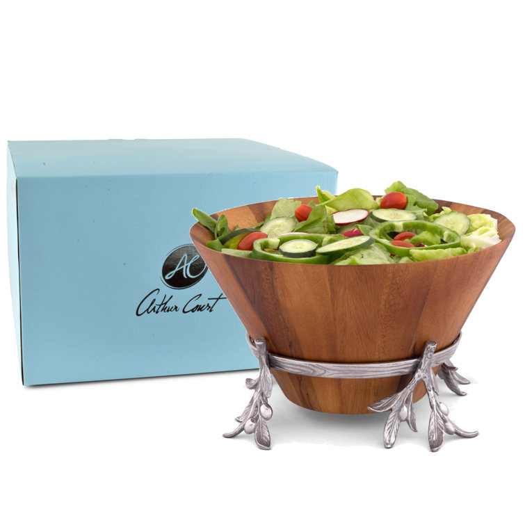 Acacia Wood Salad Bowl with Aluminum Olive Branch Stand