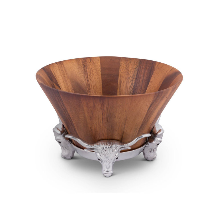 Rustic Round Wooden Salad Bowl with Aluminum Longhorn Base