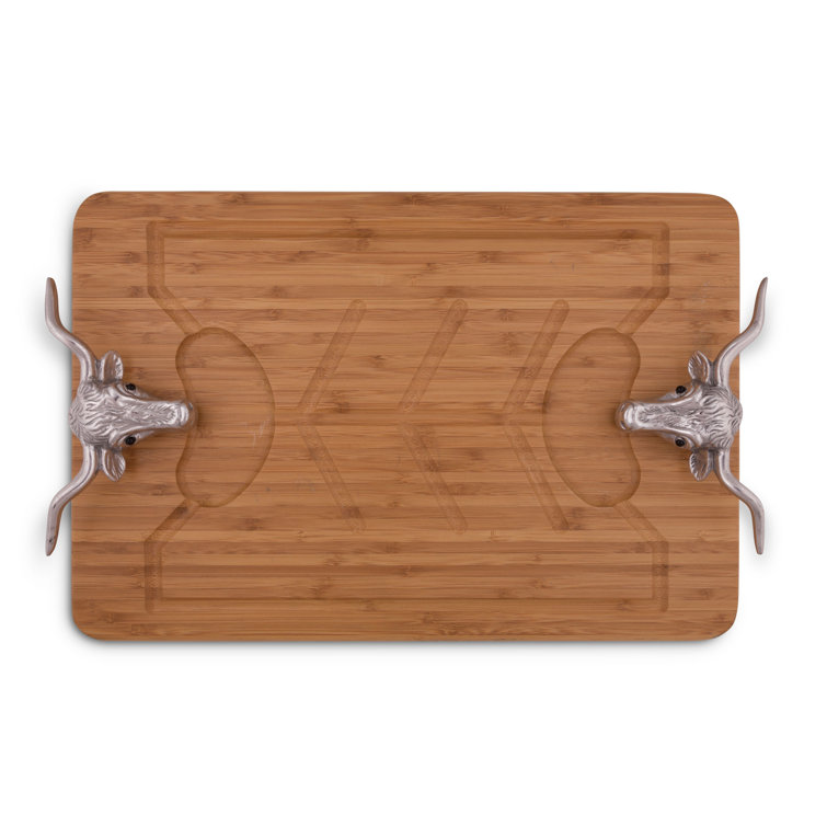 Arthur Court Western Bamboo Wood Carving Board with Aluminum Longhorn Handles