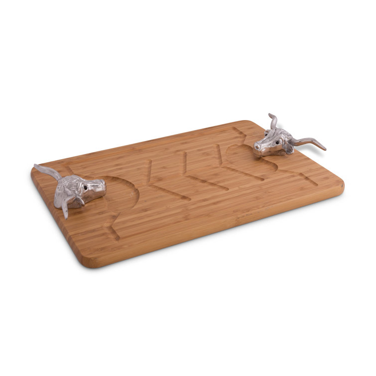 Arthur Court Western Bamboo Wood Carving Board with Aluminum Longhorn Handles