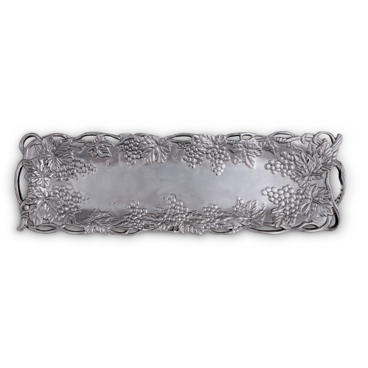 Elegant Mediterranean Polished Aluminum Oval Serving Tray with Grape Design