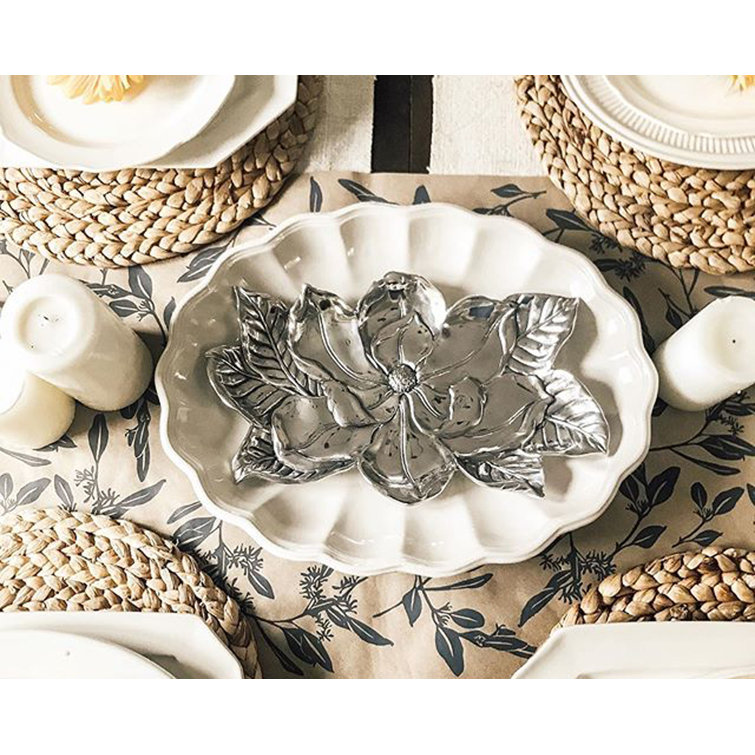 Elegant Silver Aluminum Magnolia Flower Serving Tray