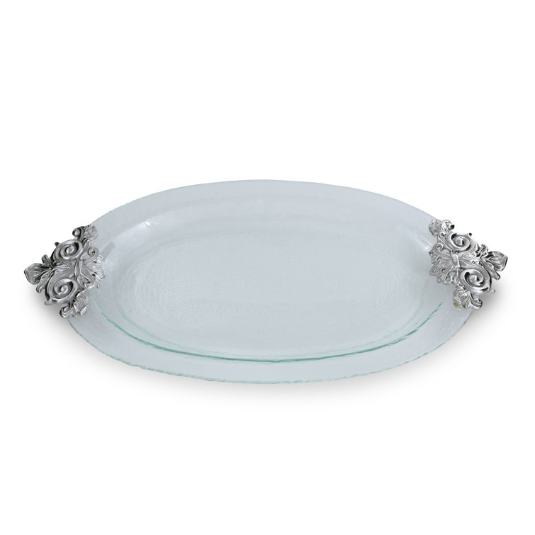Elegant Oval Clear Glass Platter with Silver Handles
