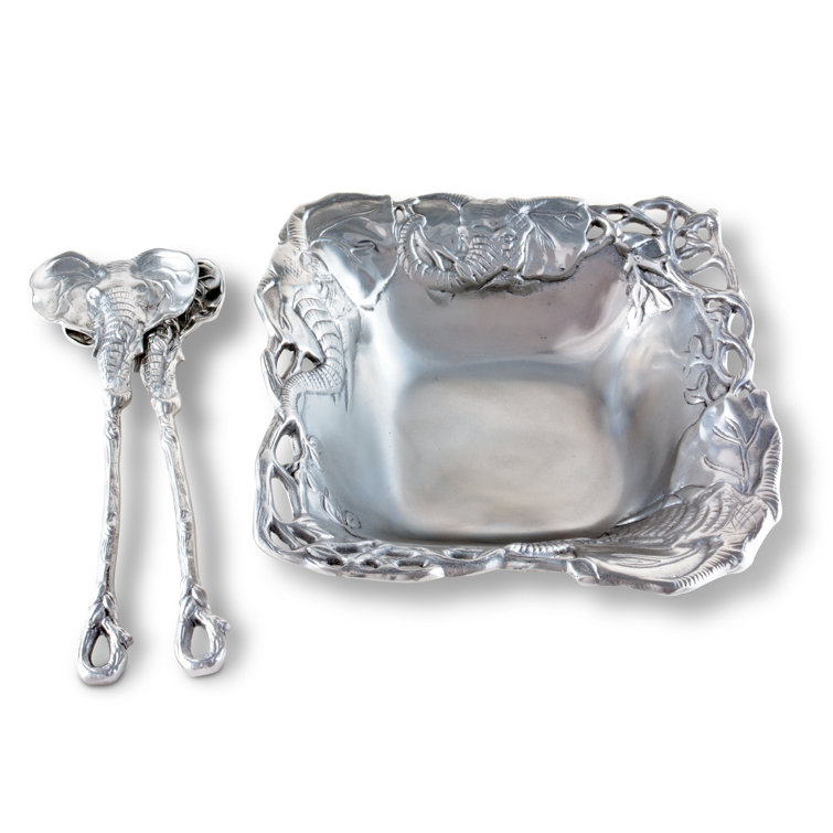 Arthur Court Elephant Aluminum Salad Bowl with Serving Spoons