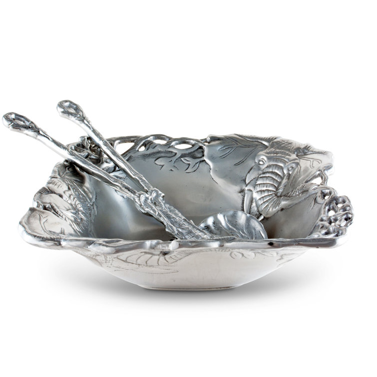 Arthur Court Elephant Aluminum Salad Bowl with Serving Spoons