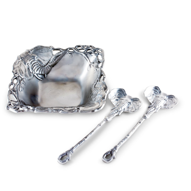 Arthur Court Elephant Aluminum Salad Bowl with Serving Spoons
