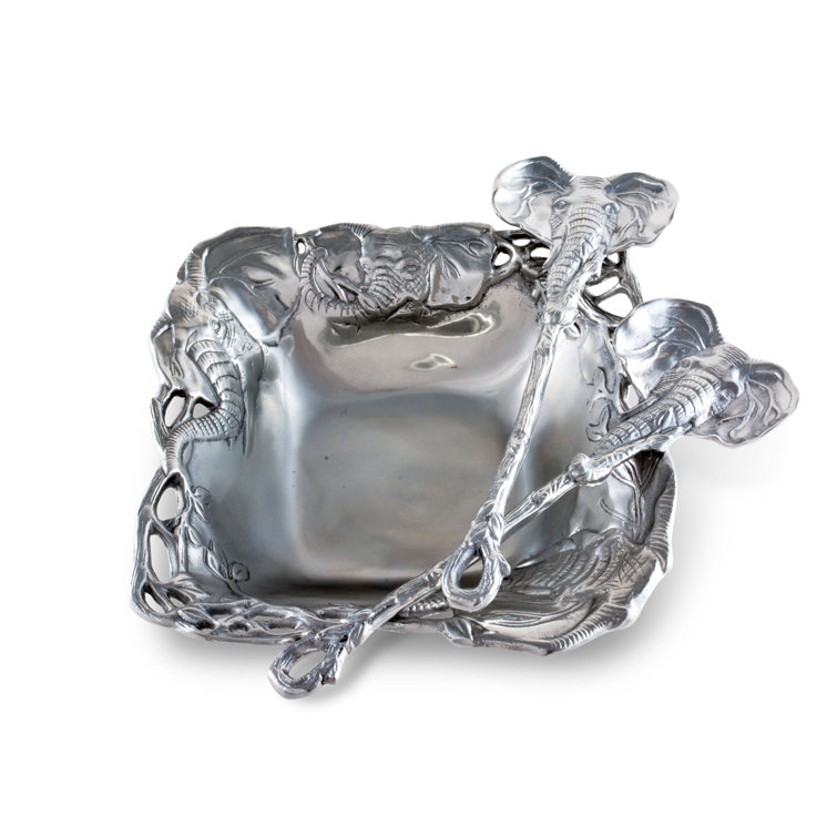 Arthur Court Elephant Aluminum Salad Bowl with Serving Spoons