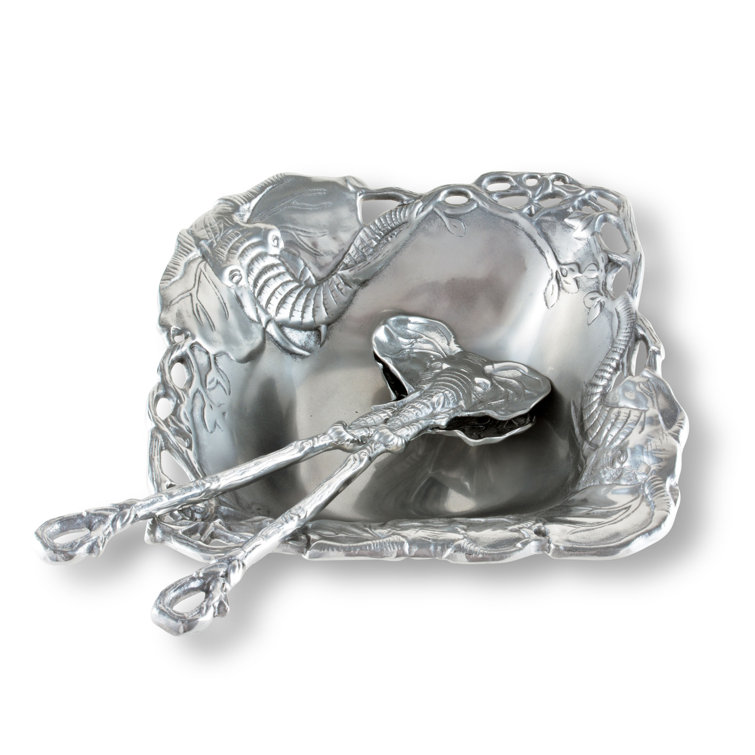 Arthur Court Elephant Aluminum Salad Bowl with Serving Spoons