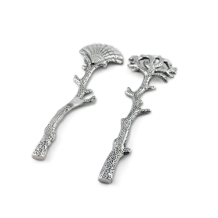 Silver Aluminum Coastal Shell and Coral Salad Servers