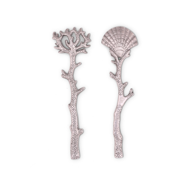 Silver Aluminum Coastal Shell and Coral Salad Servers