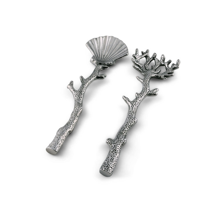 Silver Aluminum Coastal Shell and Coral Salad Servers